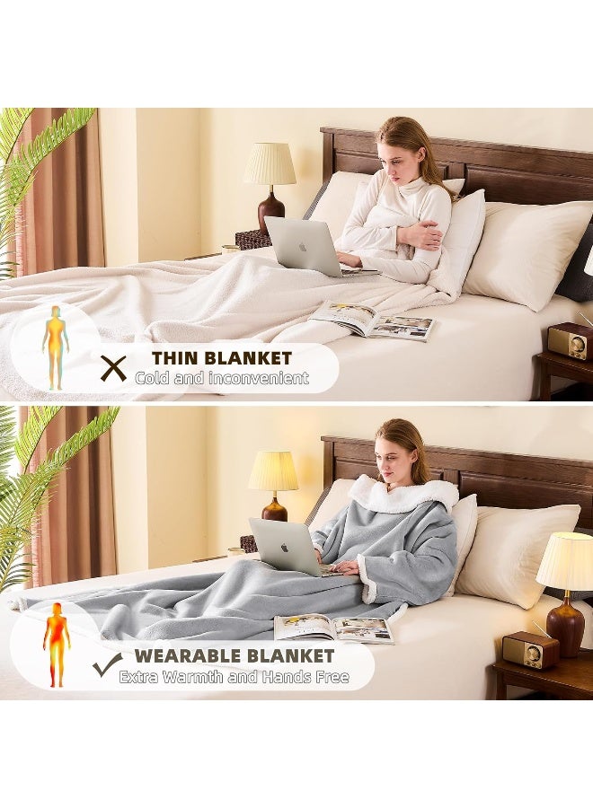 IFNOW Sherpa Wearable Blanket with Sleeves for Women Men Adults, Cozy Wearable Blanket with Arm and Pocket, Warm Full Body TV Wrap Throw Blanket, Soft Robe Blanket as Gifts for Mom Wife, Grey - Image 5